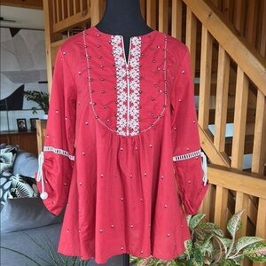 Red Embroidered Boho Women's Top